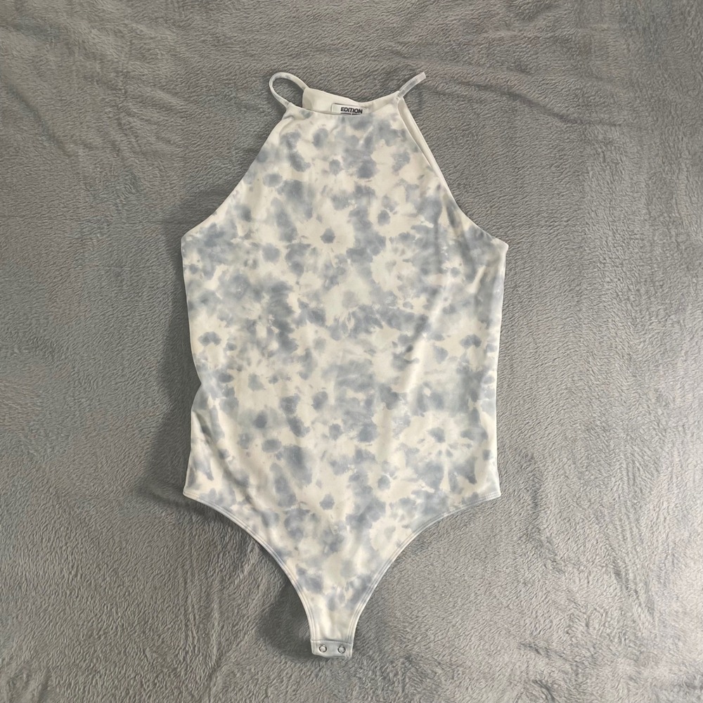 Express Edition Blue Tie Dye Halter Neck Bodysuit Sleeveless‎ Size M High Neck